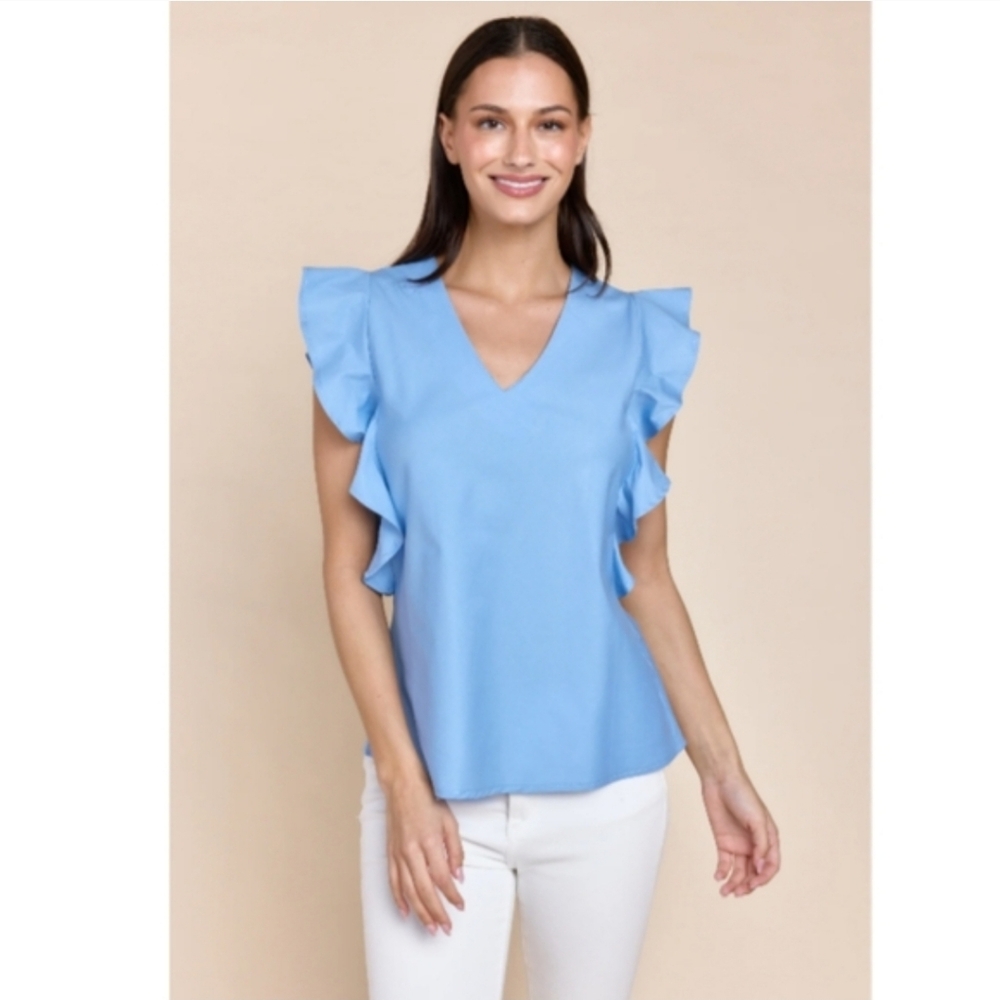 Sofia Made In Italy Ruffle Sleeve V-Neck Kenia Top In Celeste Size Small